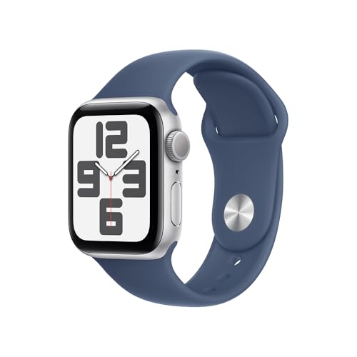 Apple Watch SE GPS • Caixa prateada de alumínio – 40 mm • Pulseira esportiva denim – M/G