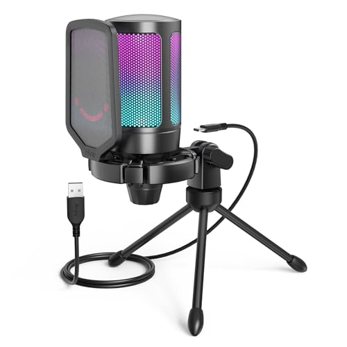 FIFINE Microfone USB Para Jogos Para PS5 PC, Microfone Condensador Com Mudo Rápido, Indicador RGB, Suporte De Tripé, Pop Filter, Suporte De Choque, Controle De Ganho Para Twitch Podcasts -A6V