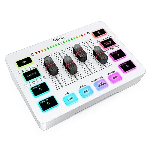 FIFINE Mixer de áudio, mixer para PC de streaming de jogos com controle deslizante, interface de microfone XLR, monitoramento, para gravação de vídeo/voz de jogos/podcast - SC3 Branco