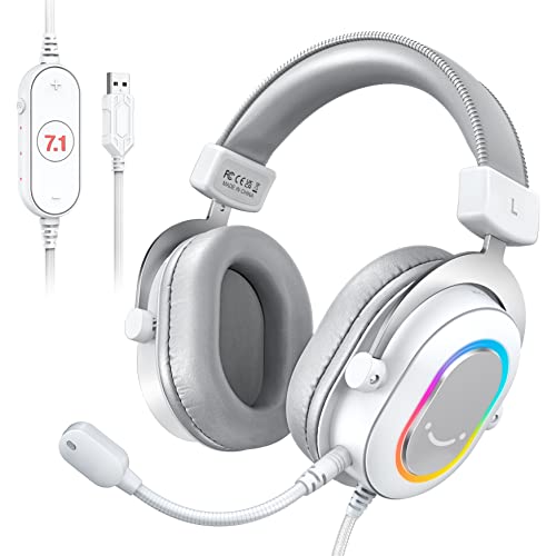 FIFINE USB Gaming Fone, fones de ouvido PC com fio com microfone para computador/laptop, over-ear RGB headset com som surround 7.1, cancelamento de ruído para streaming de vídeo game - H6 branco