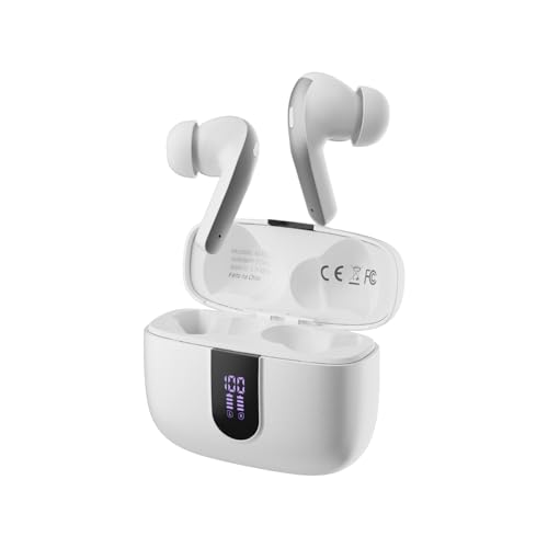 Fone de Ouvido Sem Fio Bluetooth, 40H de Reprodução com Display LED, Intra-Auricular, Cancelamento de Ruído, IPX5, 3 Tamanhos Tampões Ouvido Intercambiáveis, Som Estéreo (Branco)