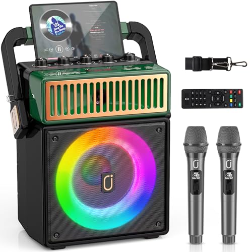 JYX Máquina de Karaoke com 2 Microfones Atualizada, Caixa de Som Bluetooth Portátil para Crianças e Adultos, Sistema de PA com Luzes LED Coloridas, Suporta BT/USB/TF/AUX/REC/TWS para Festas