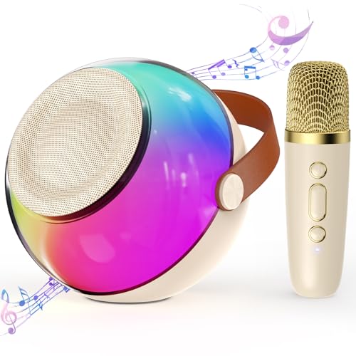 JYX Mini Karaokê Infantil, Caixa de Som Bluetooth Portátil com Microfone Sem Fio, Luzes LED Embutidas, Ideal para Exterior, Festas e Presentes,para Meninas e Meninos de 4～12+ Anos (Bege, 1 Microfone)