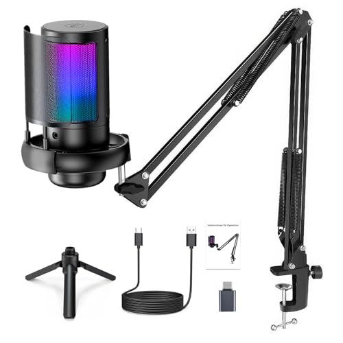 Microfone USB Gaming PC, Microfone RGB para PC/Notebook, Mic with Boom Arm, Microphone Condensador de mesa/Braço, Live, Podcast, Gravação de Audio, Karaoke, Gamer Youtuber DJ