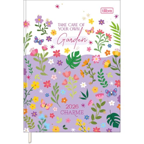 Tilibra - Agenda Costurada Diária 12,3 x 16,6 cm Charme 2026 - Flores fundo branco e roxo