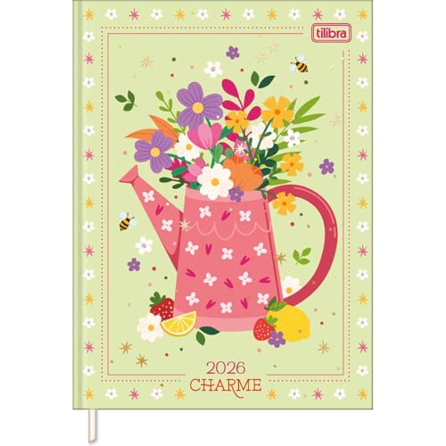 Tilibra - Agenda Costurada Diária 12,3 x 16,6 cm Charme 2026 - Jarro de flores - fundo verde