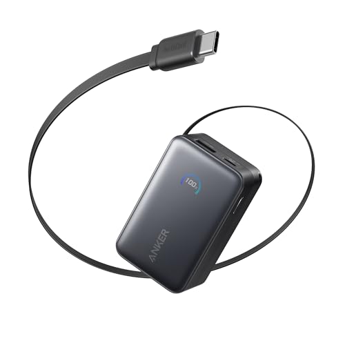 Anker Nano Carregador Portátil, Power Bank Compacto 10000mAh 45W Máx., Bateria Portátil Essencial para Viagens com Cabo Retrátil InstaCord de 70 cm para iPhone 17/16 Series, iPad, Galaxy, Pixel e Mais