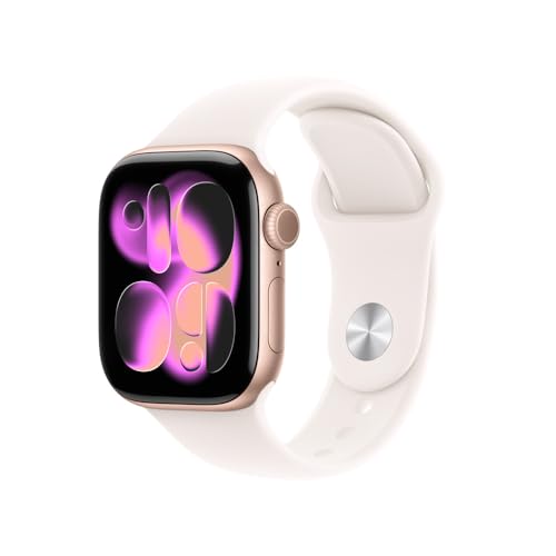 Apple Watch Series 11 GPS, Caixa em alumínio rosa‑dourado de 42 mm com Bracelete desportiva rosa leve - M/G