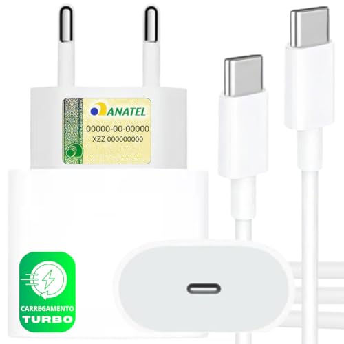 Carregador USB-C Turbo para iPhone 15, 15 pro, 15 Pro Max, iPhone 16, 16 pro, 16 pro Max, Compativel c/Samsung Galaxy, IOS/Android, Super Rapido, Fonte Entrada Tipo-C + Cabo USB-C, Branco Homologado