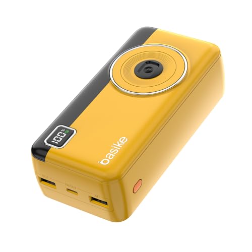 Power Bank 30000mAh, Basike Carregador Portátil 2 Saídas USB-A(até 22.5W) + Tipo-C(até 22.5W) com Cabo, Carregamento Rápido, Led Indicador de Bateria Proteção Inteligente (Amarelo)