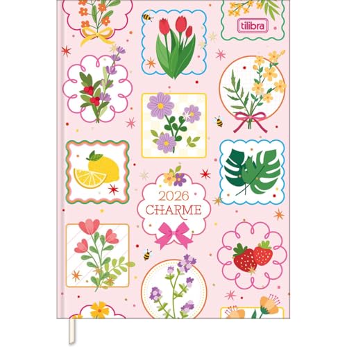 Tilibra - Agenda Costurada Diária 12,3 x 16,6 cm Charme 2026 - Flores - fundo rosa